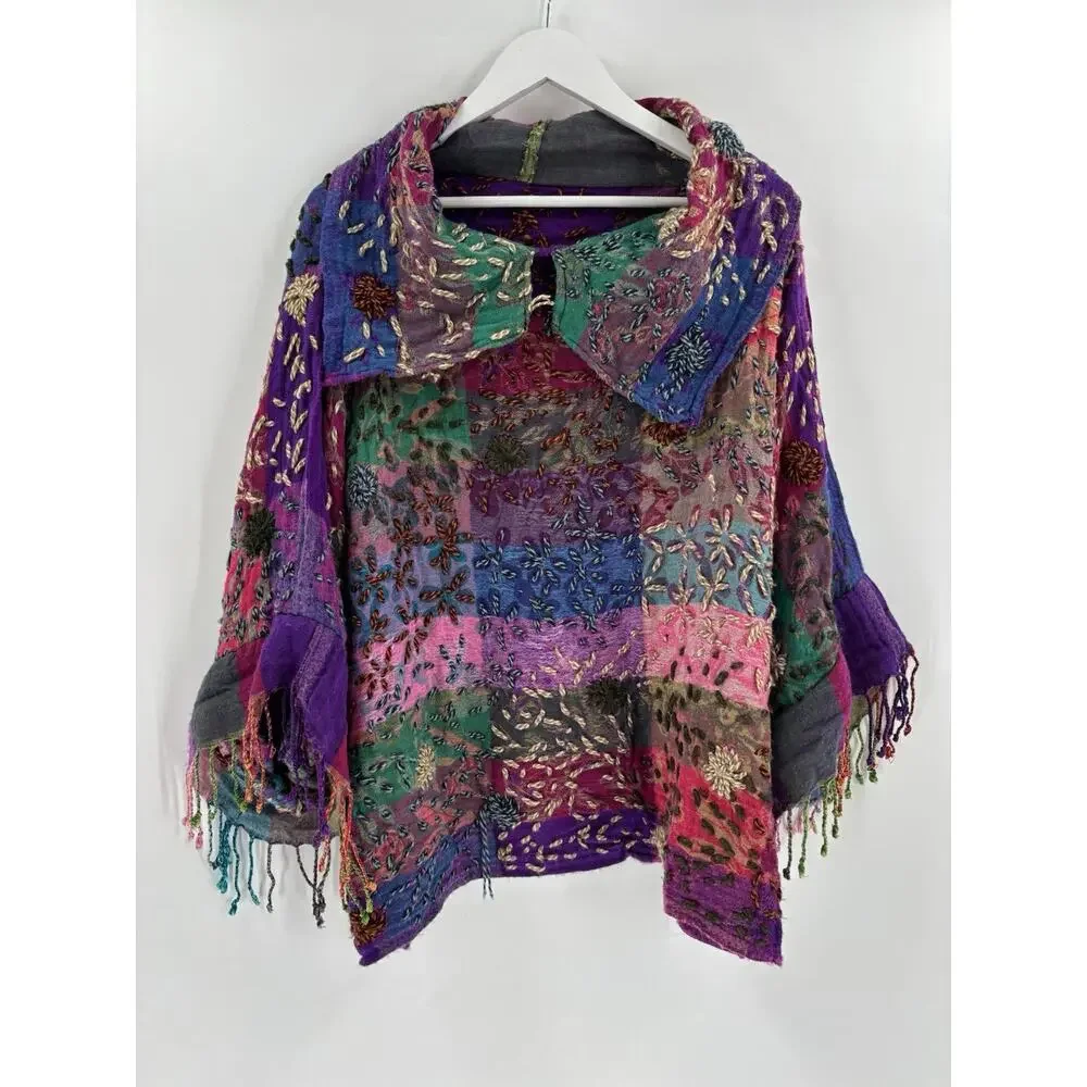 Patchwork Kantha Kimono Sweater Womens Large Multicolor Fringe Embroidered Boho